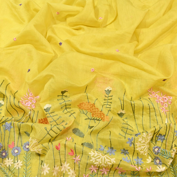 Light Mustard Dyed Mul Chanderi Thread Embroidery Fabric-V1700C