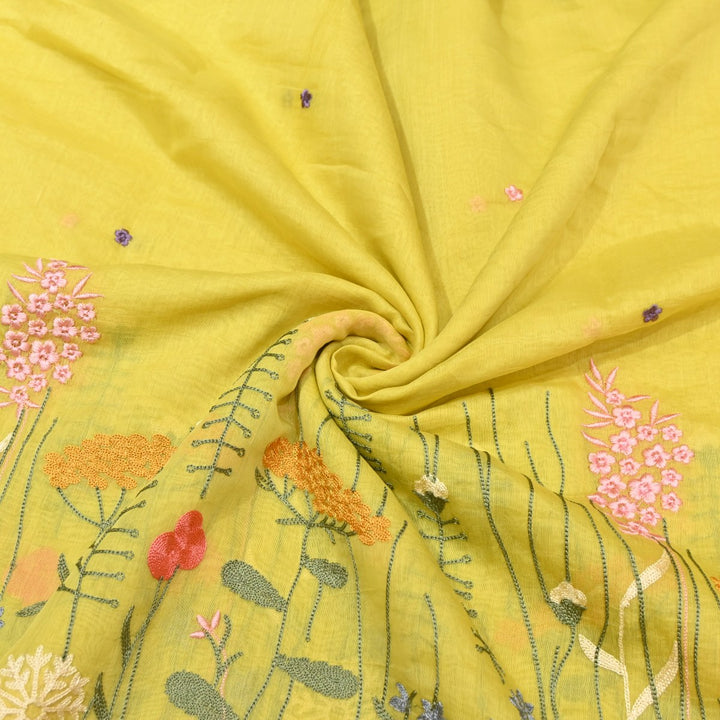 Light Mustard Dyed Mul Chanderi Thread Embroidery Fabric-V1700C