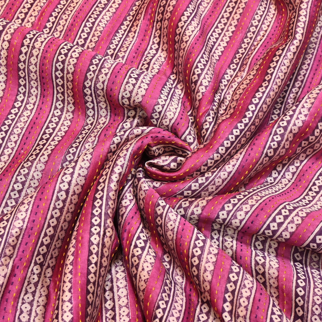 Pure Silk Chanderi Kantha Print Fabric 44" – Designer Printed Silk Chanderi Fabric - KAT445-9
