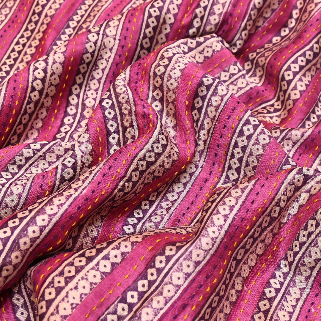 Pure Silk Chanderi Kantha Print Fabric 44" – Designer Printed Silk Chanderi Fabric - KAT445-9