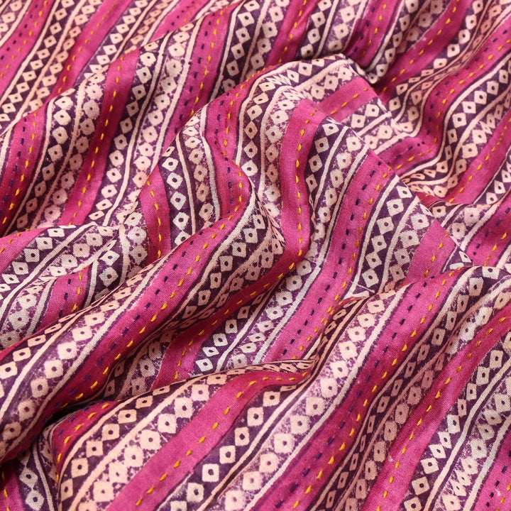 Pure Silk Chanderi Kantha Print Fabric 44" – Designer Printed Silk Chanderi Fabric - KAT445-9