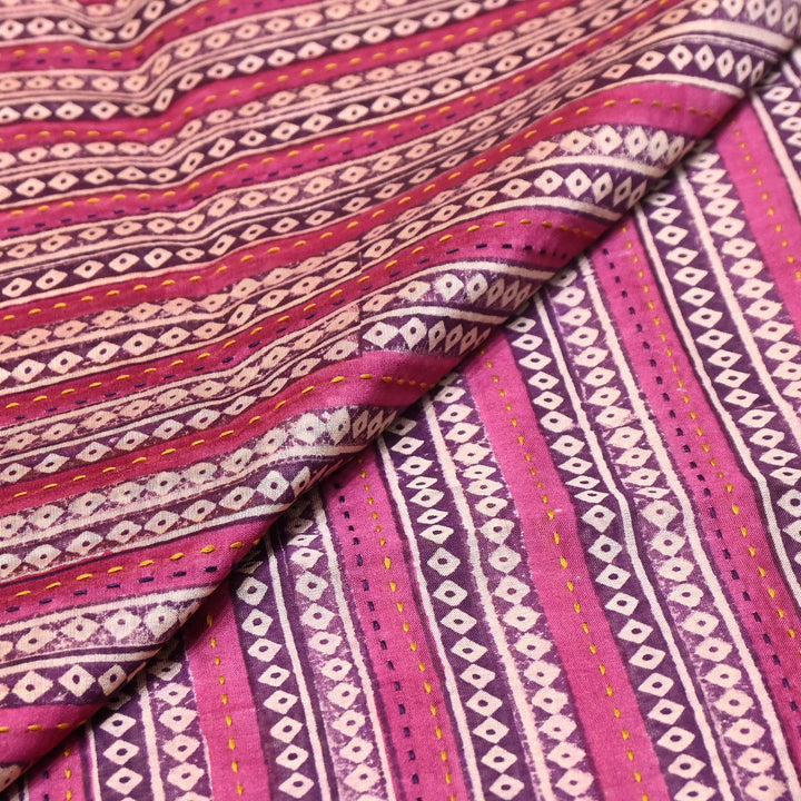 Pure Silk Chanderi Kantha Print Fabric 44" – Designer Printed Silk Chanderi Fabric - KAT445-9