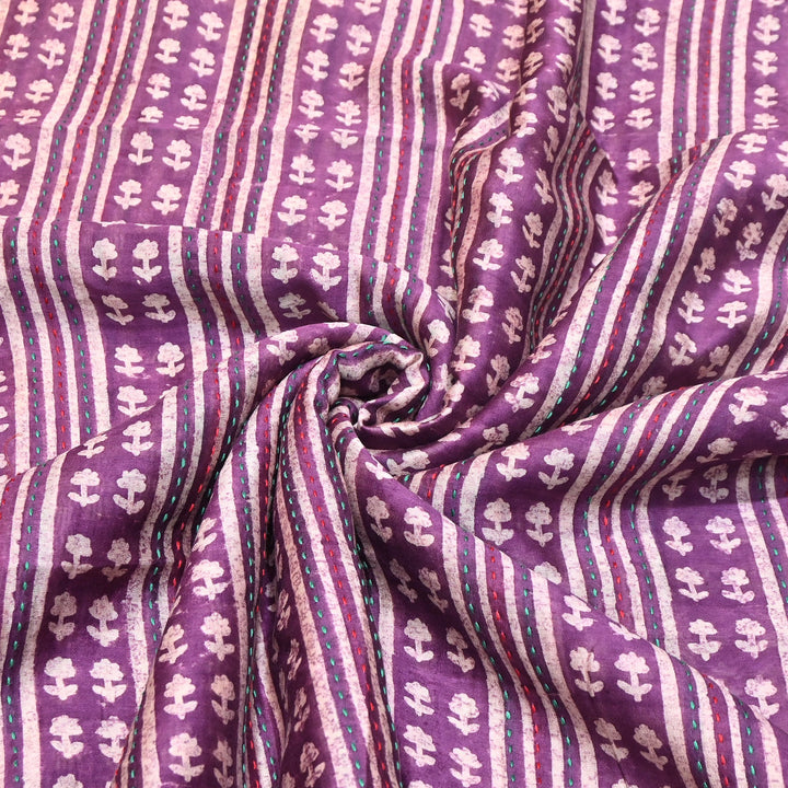 Pure Silk Chanderi Kantha Print Fabric 44" – Designer Printed Silk Chanderi Fabric - KAT445-10