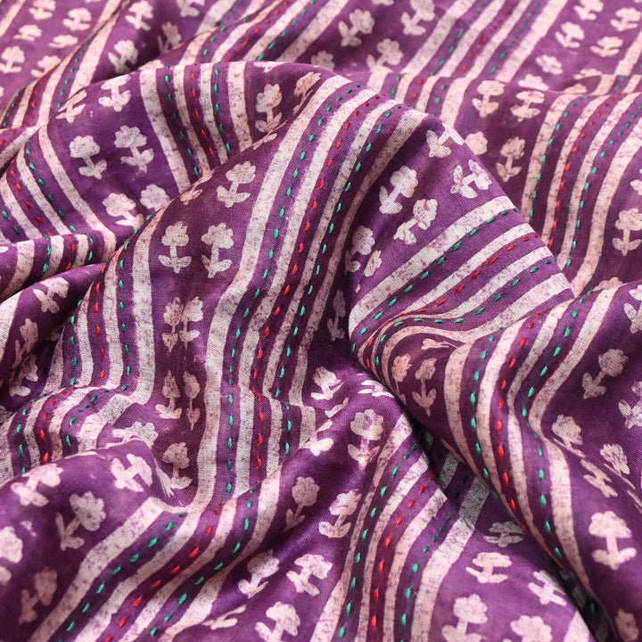 Pure Silk Chanderi Kantha Print Fabric 44" – Designer Printed Silk Chanderi Fabric - KAT445-10