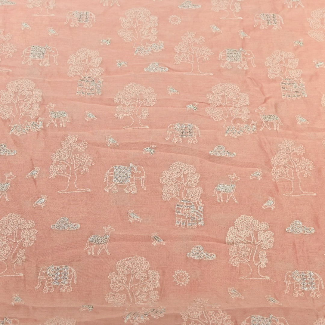 Rose Color Silk Chanderi Zari Embroidery Fabric-V1699C