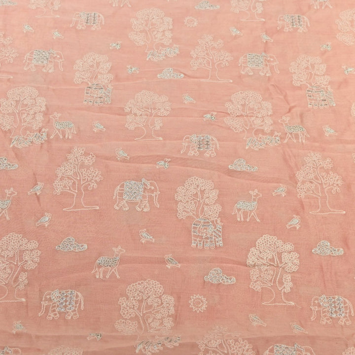 Rose Color Silk Chanderi Zari Embroidery Fabric-V1699C