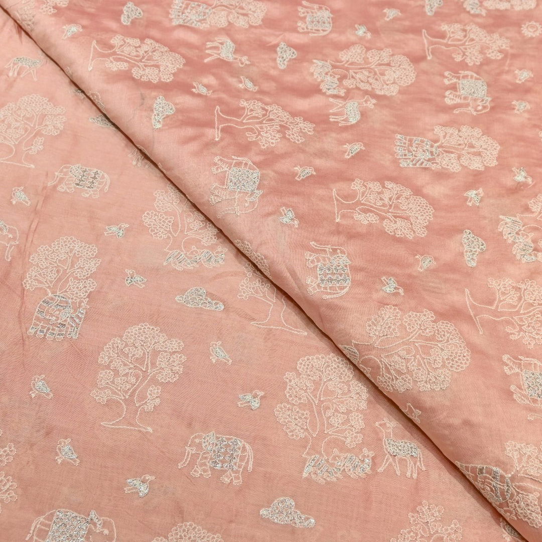 Rose Color Silk Chanderi Zari Embroidery Fabric-V1699C