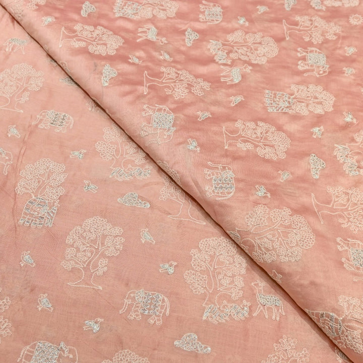 Rose Color Silk Chanderi Zari Embroidery Fabric-V1699C