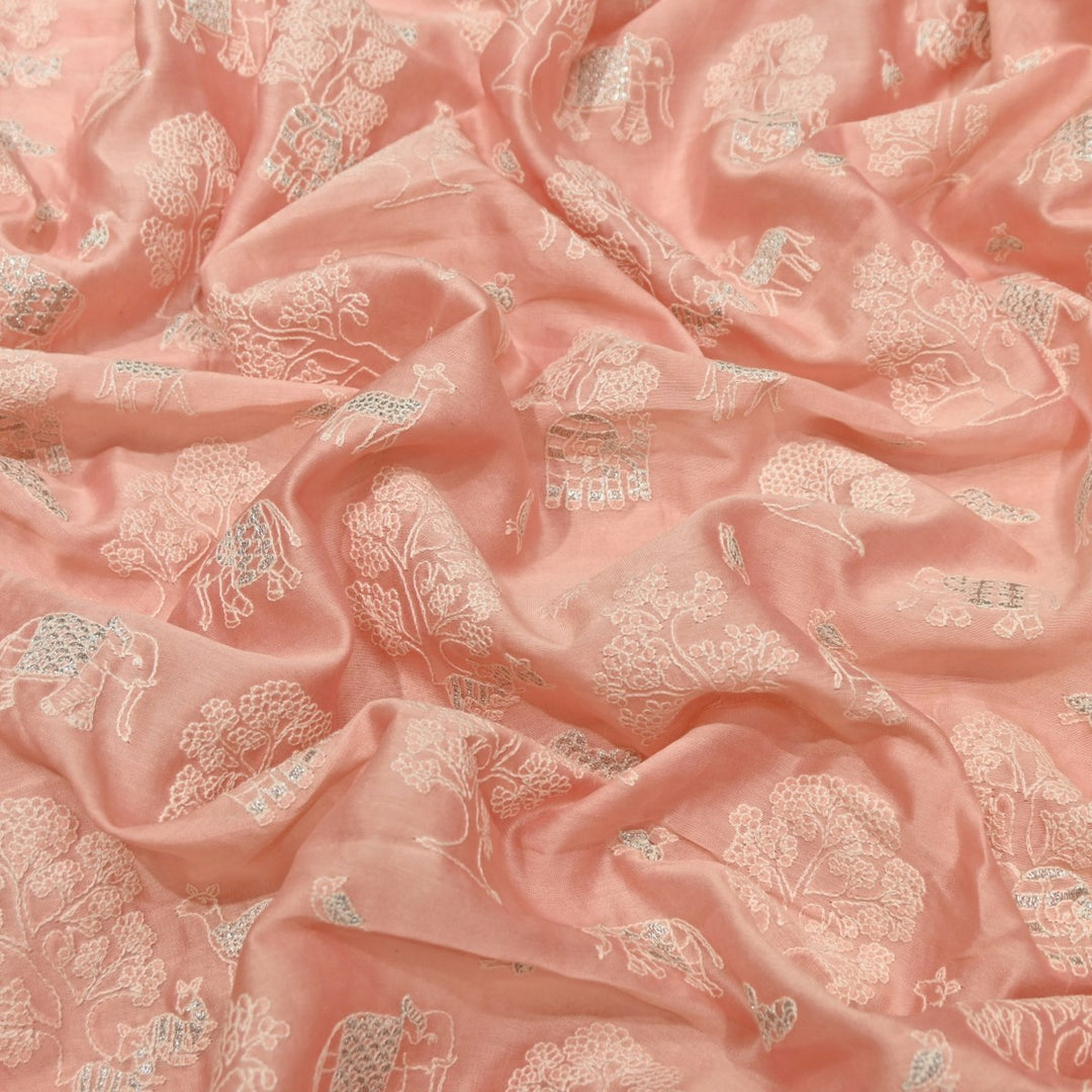 Rose Color Silk Chanderi Zari Embroidery Fabric-V1699C