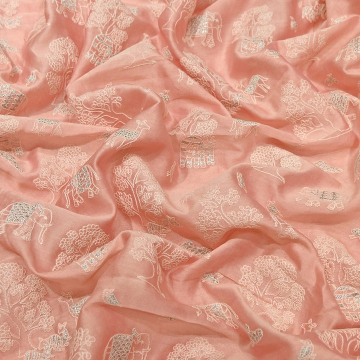 Rose Color Silk Chanderi Zari Embroidery Fabric-V1699C