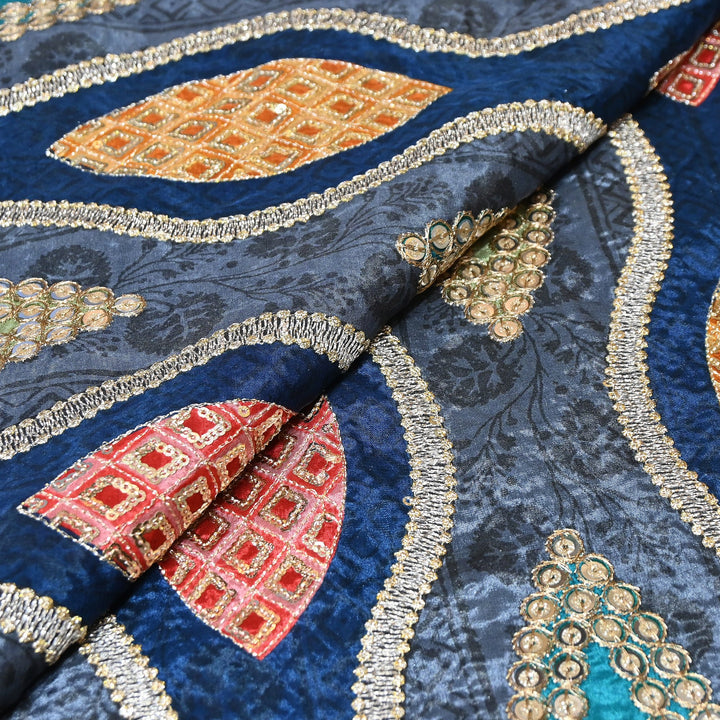 Crape Position Print Zari & Sequins Embroidery Fabric – Premium Designer Embroidered Fabric 00P448-3