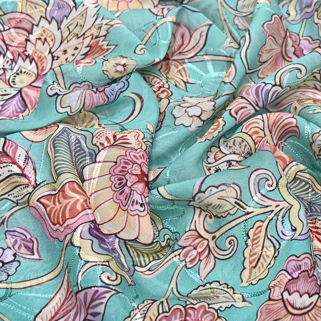 Viscose Georgette Floral Digital Print With Thread Embroidery Fabric LT0265-1
