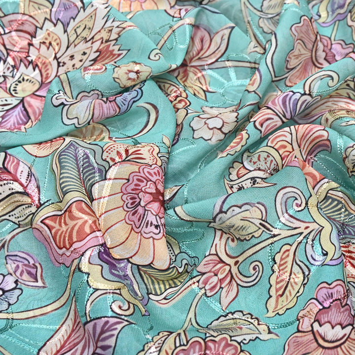 Viscose Georgette Floral Digital Print With Thread Embroidery Fabric LT0265-1