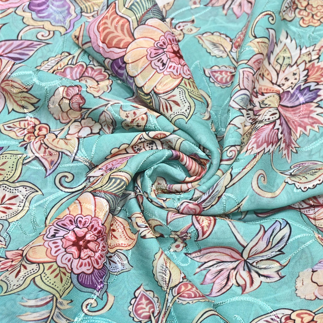 Viscose Georgette Floral Digital Print With Thread Embroidery Fabric LT0265-1