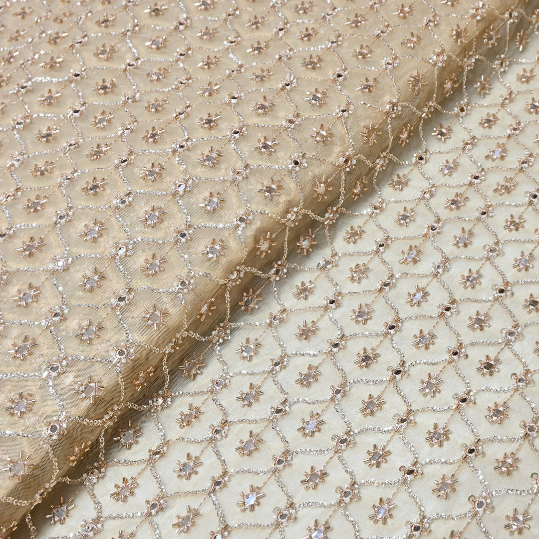 Dyed Net Mirror , Moti & Sequins Embroidery Fabric – Elegant Designer Net Fabric RF6047