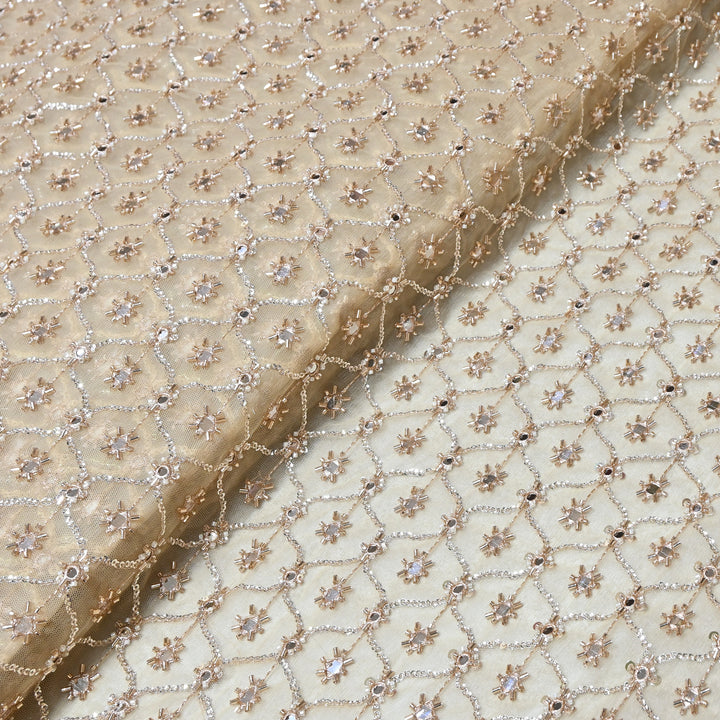Dyed Net Mirror , Moti & Sequins Embroidery Fabric – Elegant Designer Net Fabric RF6047