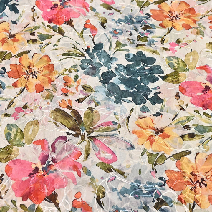 Viscose Georgette Floral Digital Print With Thread Embroidery Fabric LT0265-2