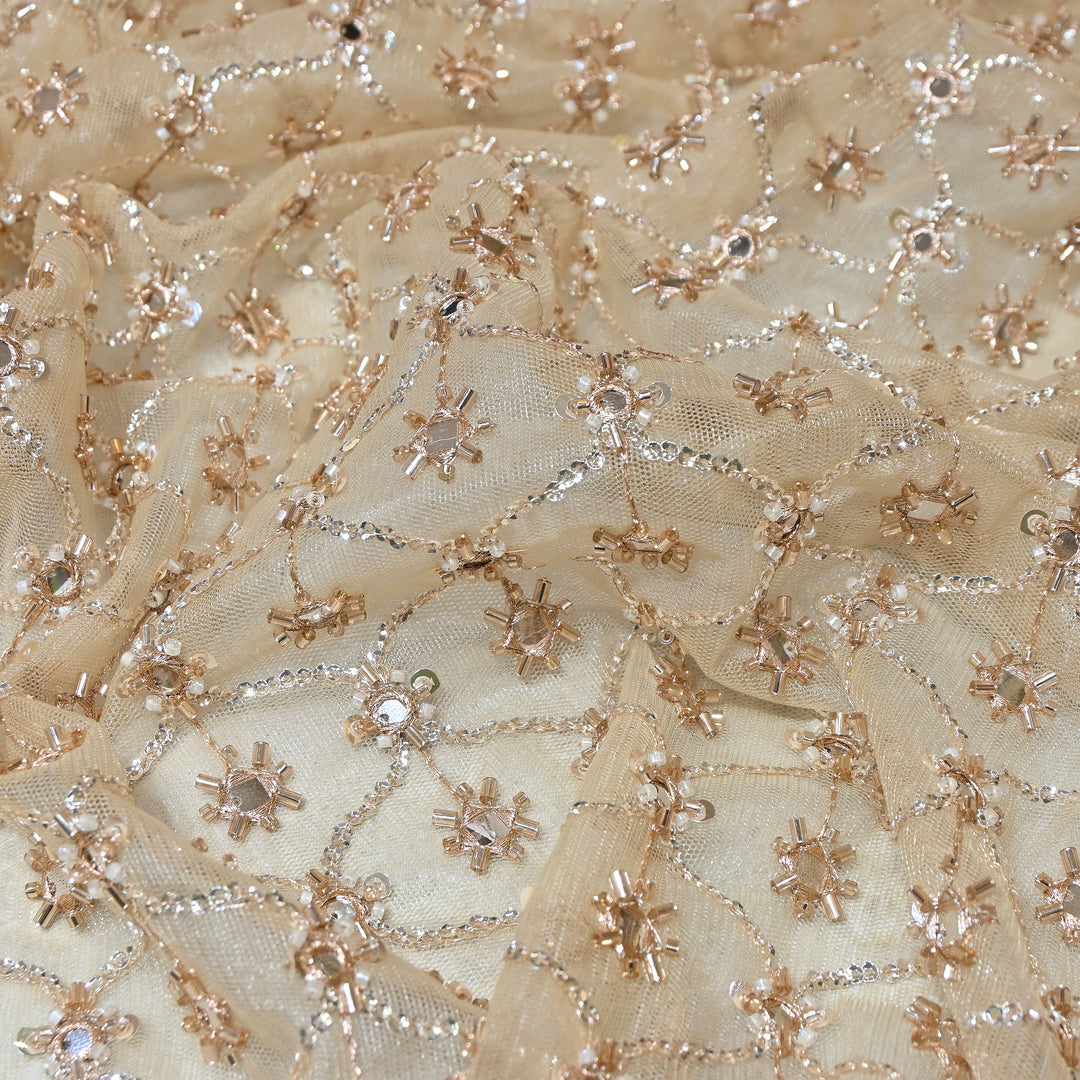 Dyed Net Mirror , Moti & Sequins Embroidery Fabric – Elegant Designer Net Fabric RF6047