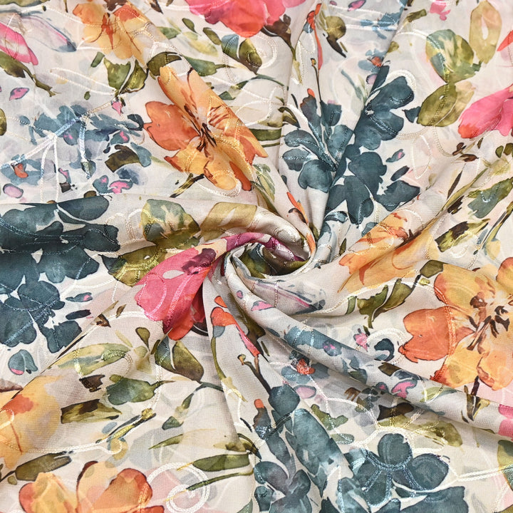 Viscose Georgette Floral Digital Print With Thread Embroidery Fabric LT0265-2