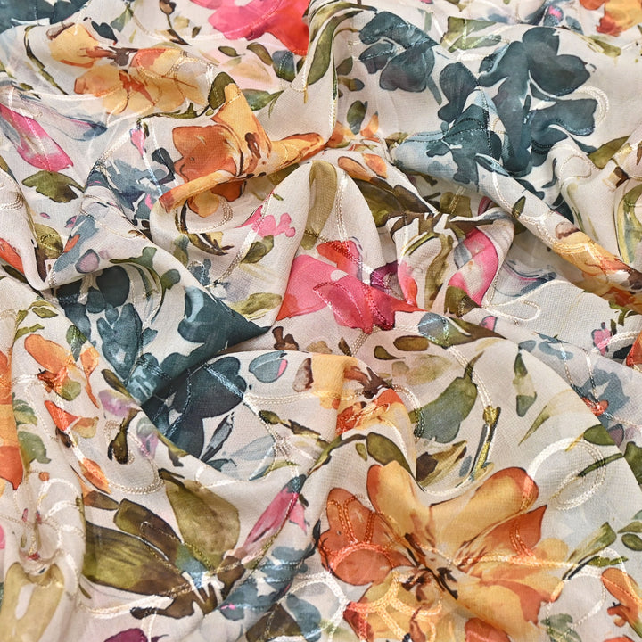 Viscose Georgette Floral Digital Print With Thread Embroidery Fabric LT0265-2