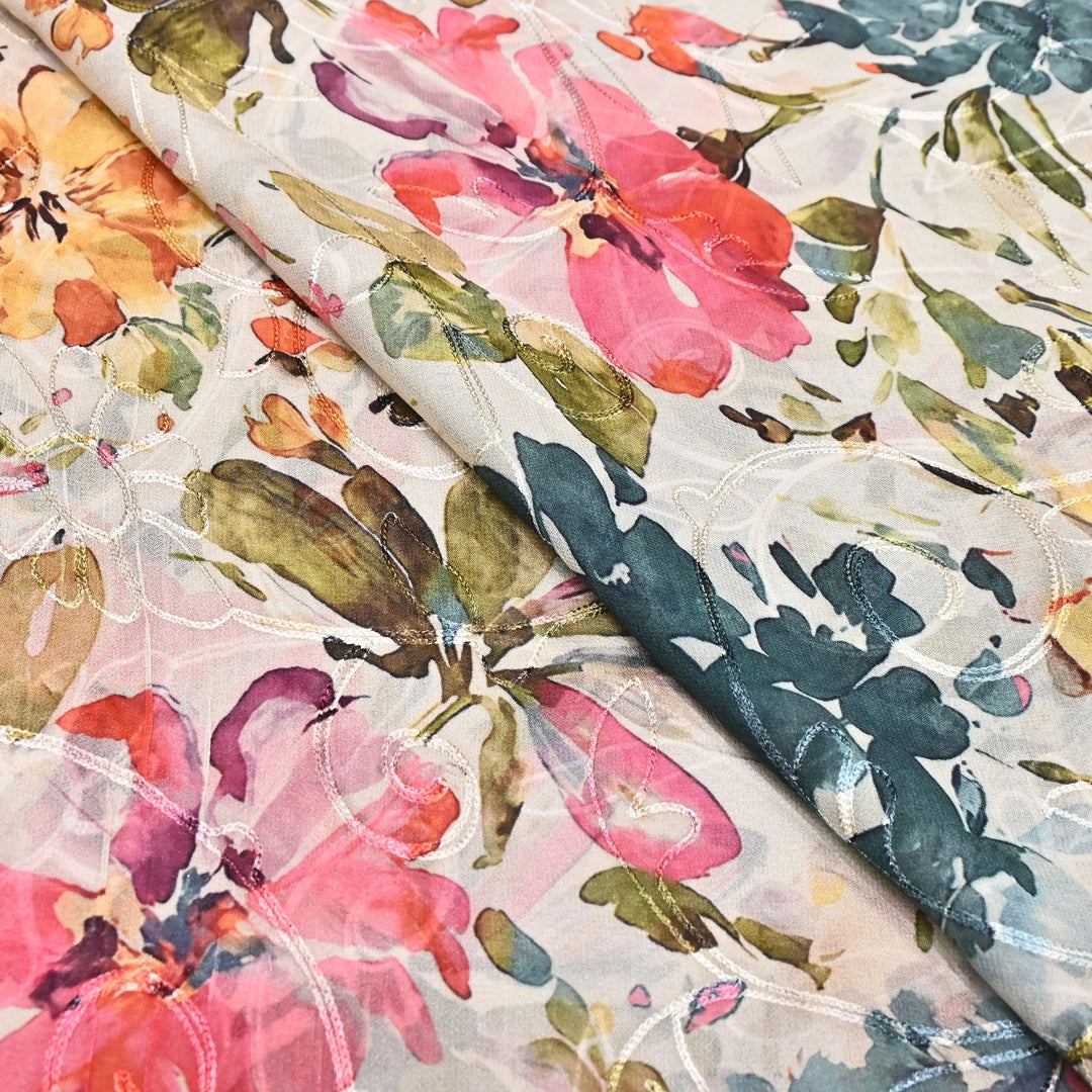 Viscose Georgette Floral Digital Print With Thread Embroidery Fabric LT0265-2