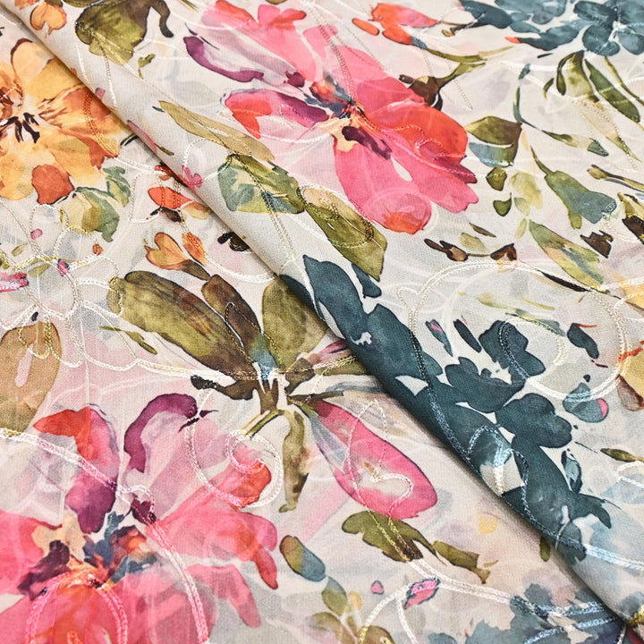 Viscose Georgette Floral Digital Print With Thread Embroidery Fabric LT0265-2