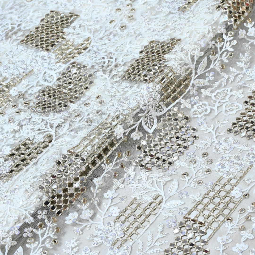 Dyed Net Mirror , Moti & Sequins Embroidery Fabric – Elegant Designer Net Fabric V90159