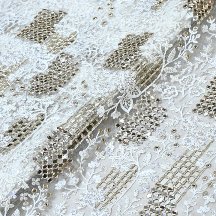 Dyed Net Mirror , Moti & Sequins Embroidery Fabric – Elegant Designer Net Fabric V90159