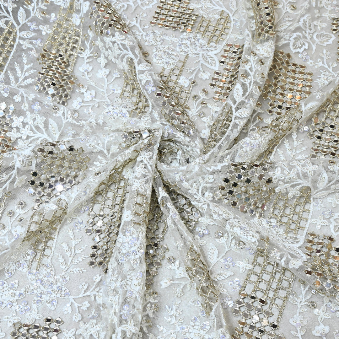 Dyed Net Mirror , Moti & Sequins Embroidery Fabric – Elegant Designer Net Fabric V90159
