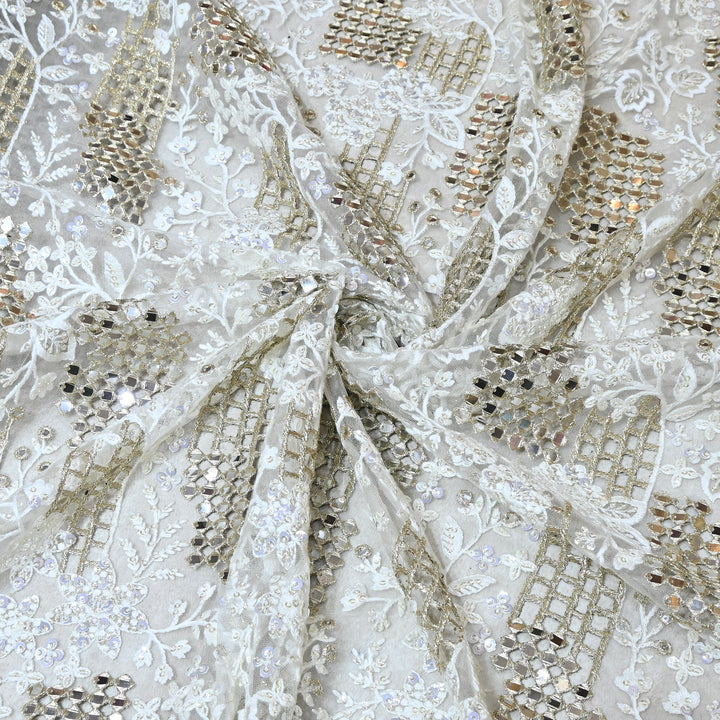 Dyed Net Mirror , Moti & Sequins Embroidery Fabric – Elegant Designer Net Fabric V90159