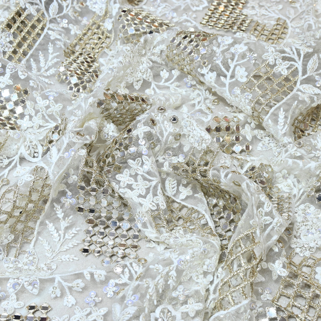 Dyed Net Mirror , Moti & Sequins Embroidery Fabric – Elegant Designer Net Fabric V90159
