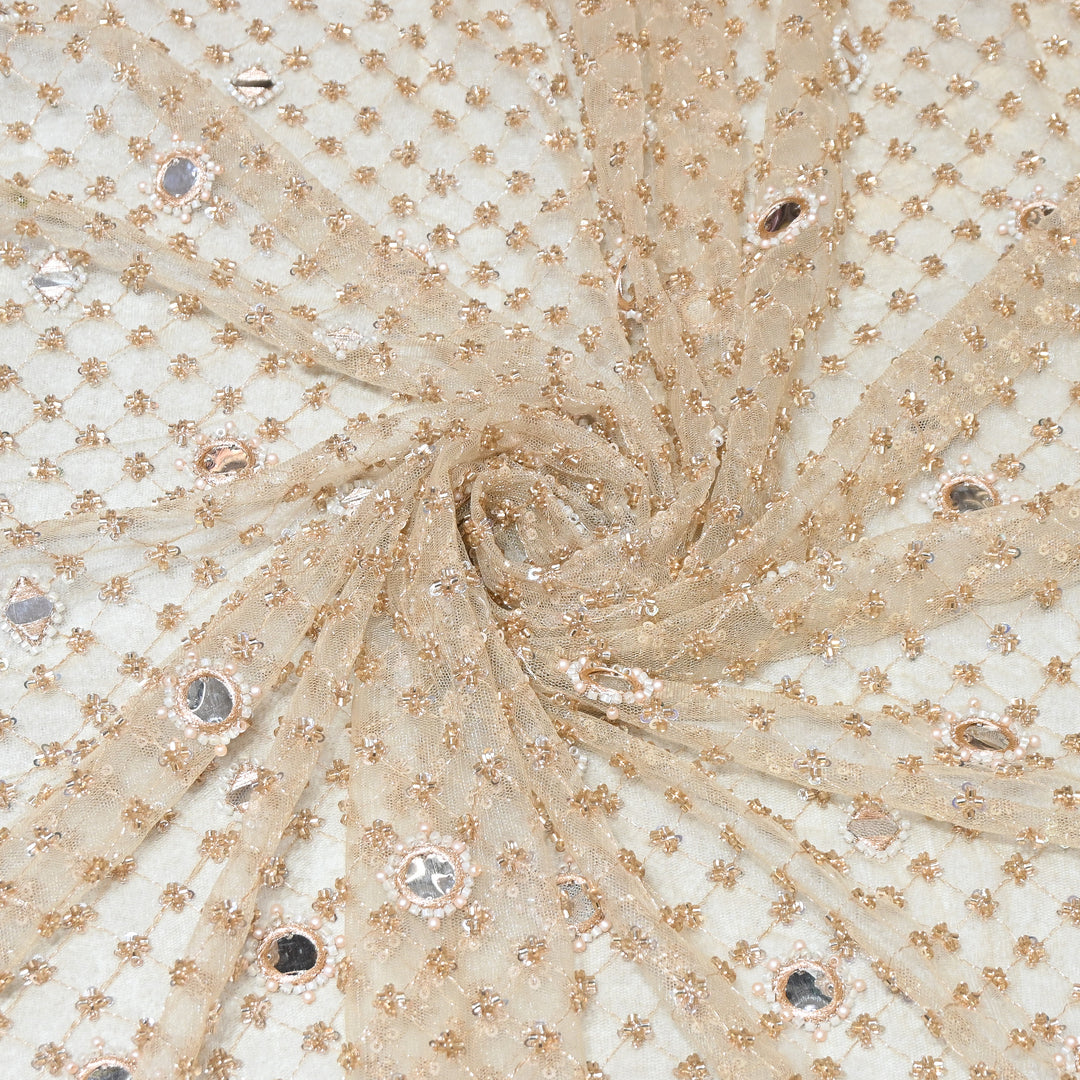 Dyed Net Mirror , Moti & Sequins Embroidery Fabric – Elegant Designer Net Fabric RF9058