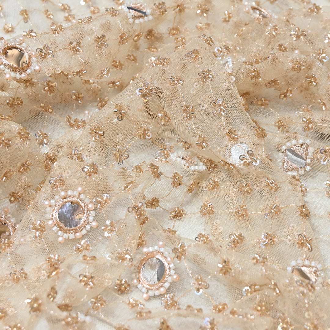 Dyed Net Mirror , Moti & Sequins Embroidery Fabric – Elegant Designer Net Fabric RF9058