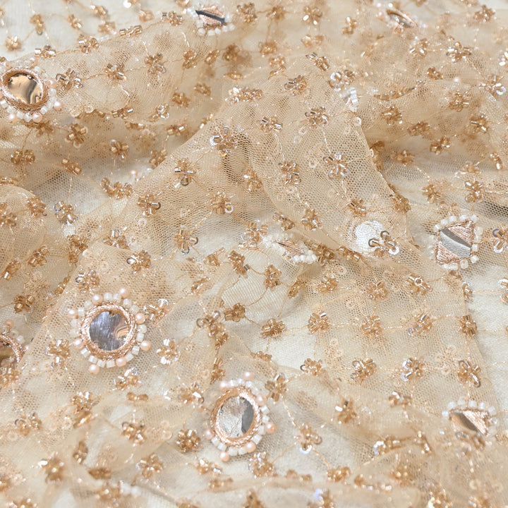 Dyed Net Mirror , Moti & Sequins Embroidery Fabric – Elegant Designer Net Fabric RF9058