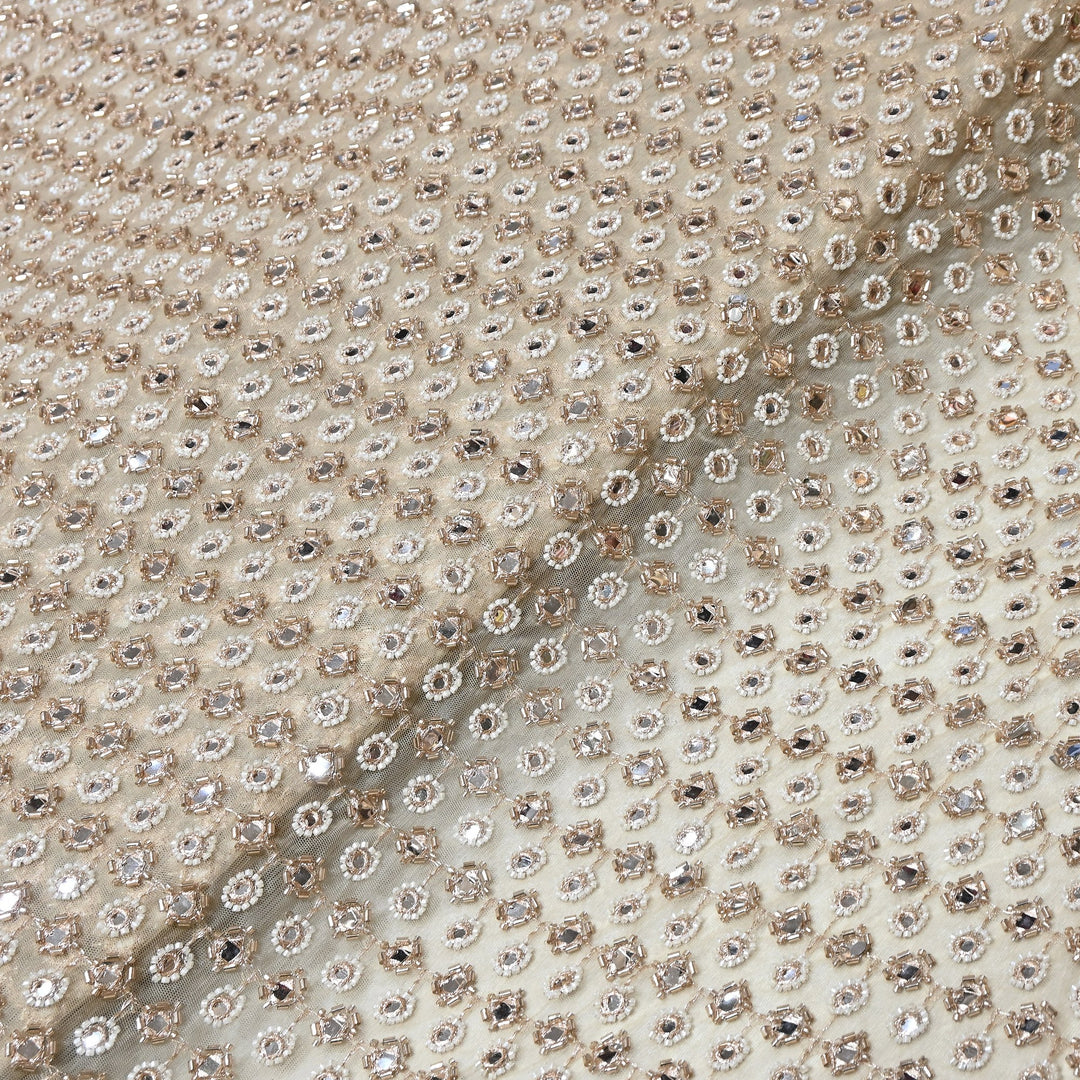 Dyed Net Moti, Mirror & Sequins Embroidery Fabric – Elegant Designer Net Fabric RF6008
