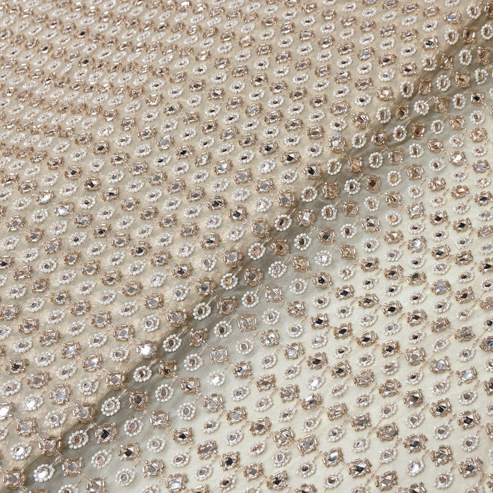 Dyed Net Moti, Mirror & Sequins Embroidery Fabric – Elegant Designer Net Fabric RF6008