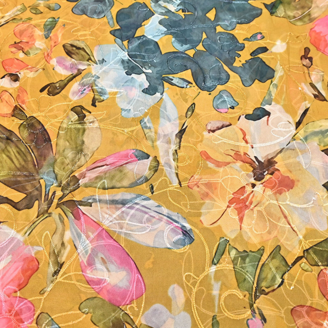 Viscose Georgette Floral Digital Print With Thread Embroidery Fabric LT0265-6