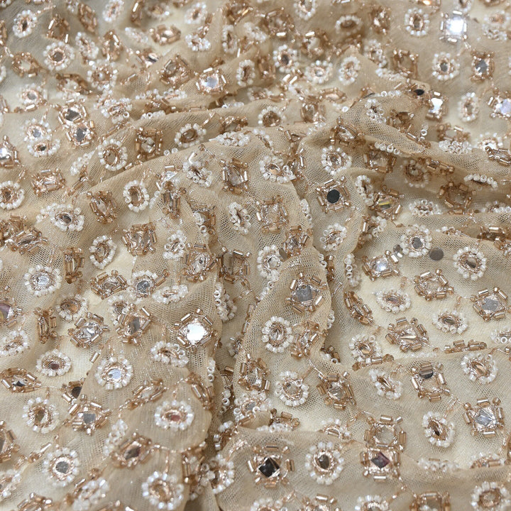 Dyed Net Moti, Mirror & Sequins Embroidery Fabric – Elegant Designer Net Fabric RF6008
