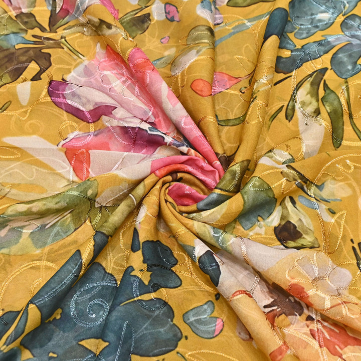 Viscose Georgette Floral Digital Print With Thread Embroidery Fabric LT0265-6