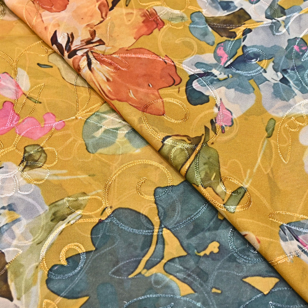 Viscose Georgette Floral Digital Print With Thread Embroidery Fabric LT0265-6