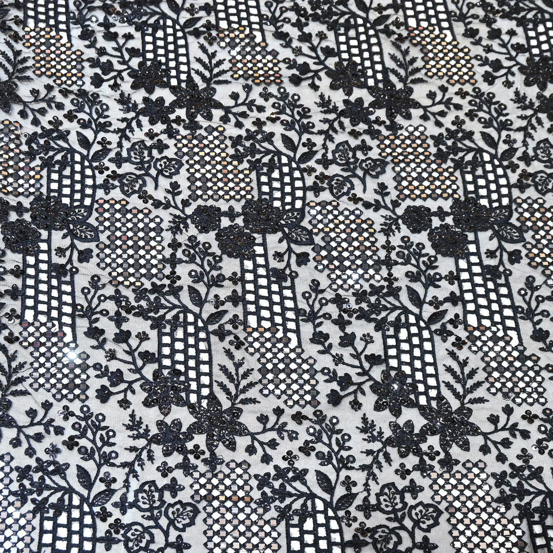 Dyed Net Moti, Mirror & Sequins Embroidery Fabric – Elegant Designer Net Fabric V90159