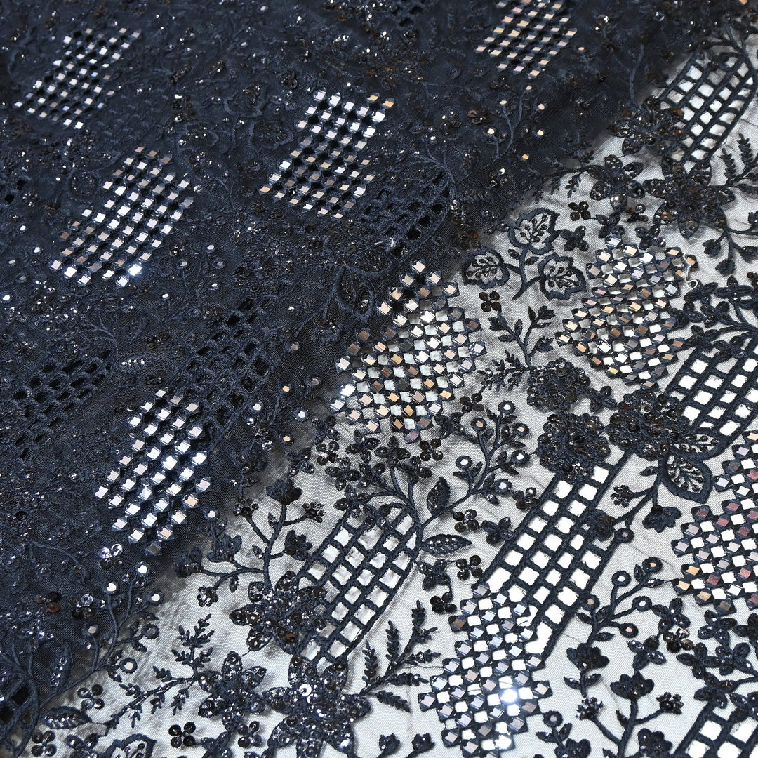 Dyed Net Moti, Mirror & Sequins Embroidery Fabric – Elegant Designer Net Fabric V90159