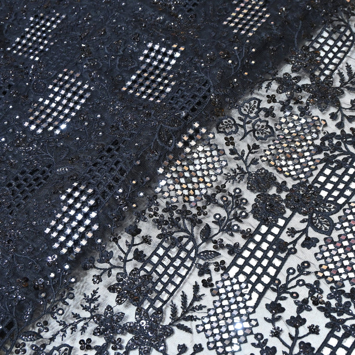 Dyed Net Moti, Mirror & Sequins Embroidery Fabric – Elegant Designer Net Fabric V90159