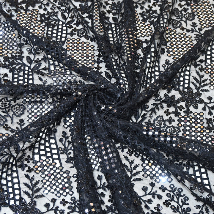 Dyed Net Moti, Mirror & Sequins Embroidery Fabric – Elegant Designer Net Fabric V90159
