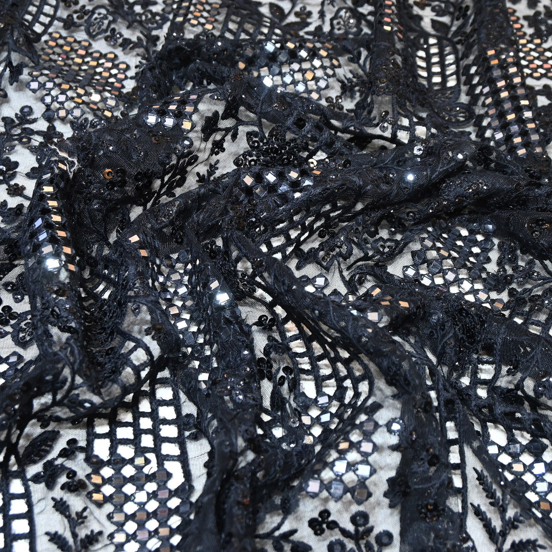 Dyed Net Moti, Mirror & Sequins Embroidery Fabric – Elegant Designer Net Fabric V90159