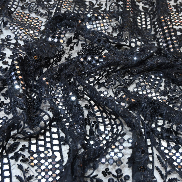 Dyed Net Moti, Mirror & Sequins Embroidery Fabric – Elegant Designer Net Fabric V90159