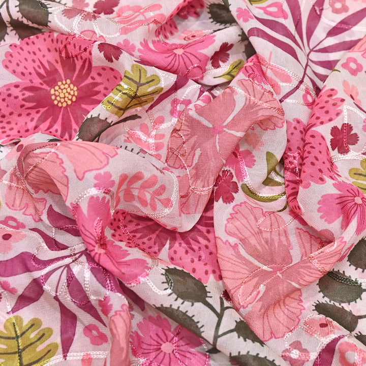 Viscose Georgette Floral Digital Print With Thread Embroidery Fabric LT0265-9