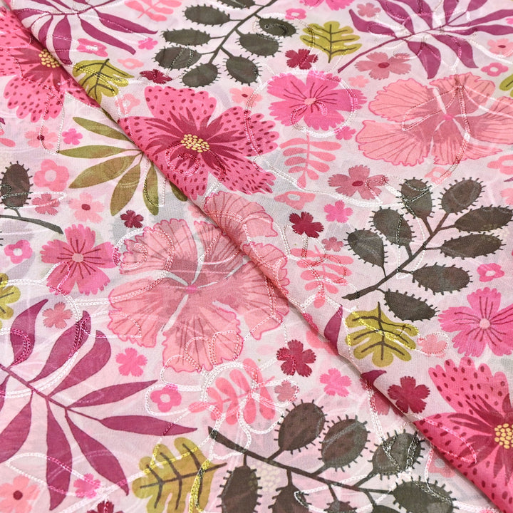 Viscose Georgette Floral Digital Print With Thread Embroidery Fabric LT0265-9