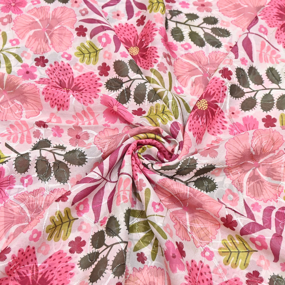 Viscose Georgette Floral Digital Print With Thread Embroidery Fabric LT0265-9