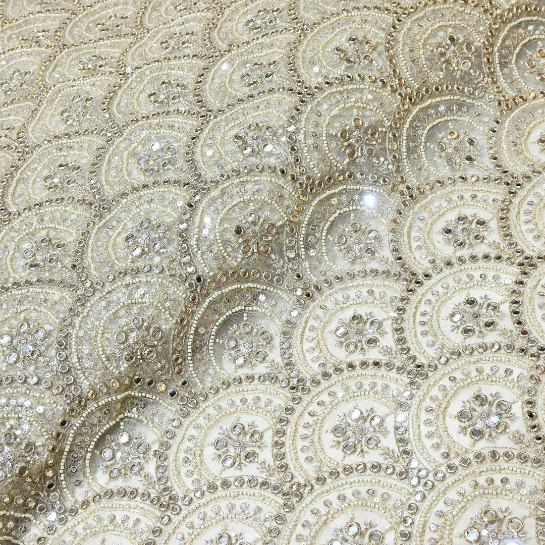 Dyed Net Moti Mirror, Zari & Sequins Embroidery Fabric – Elegant Designer Net Fabric V1128C